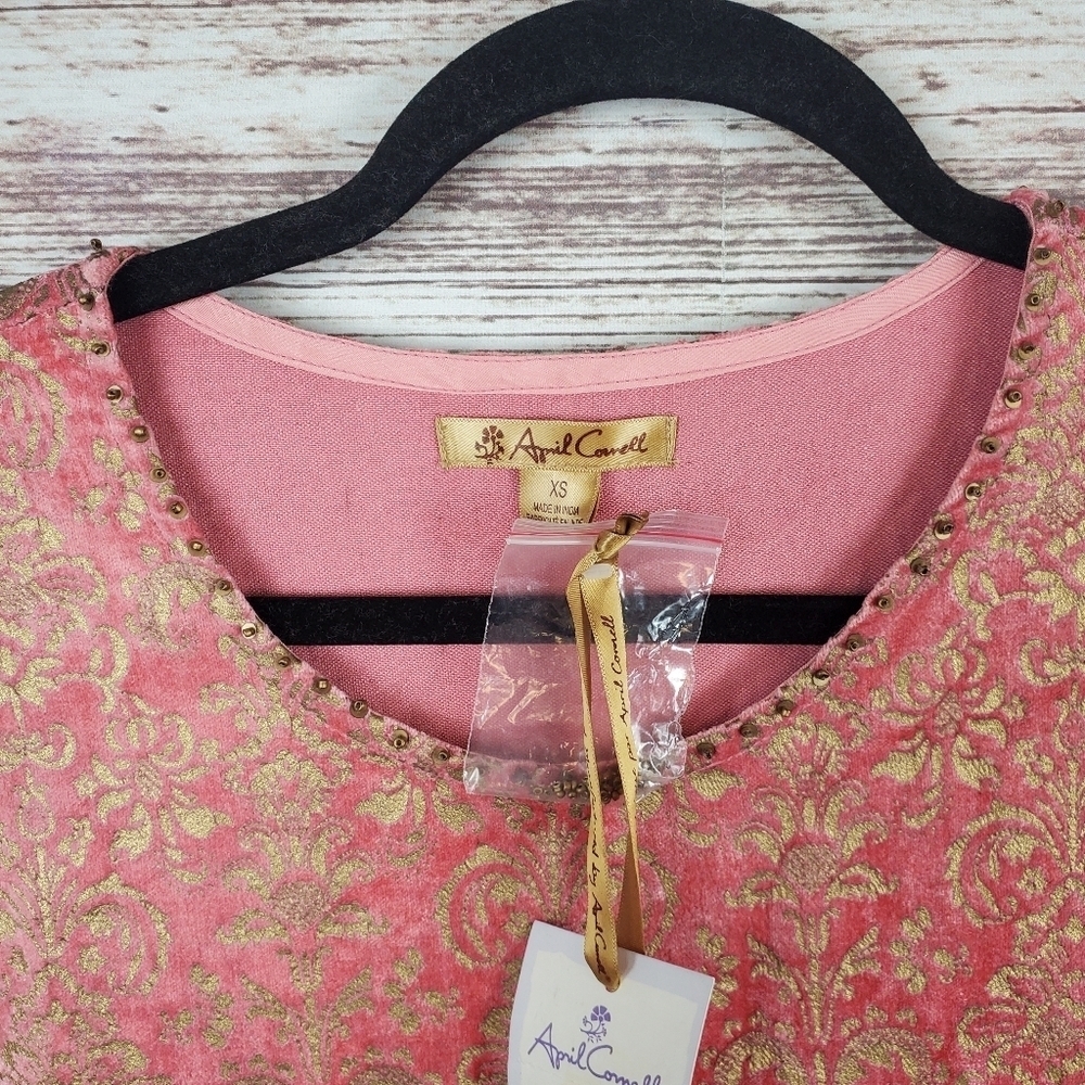 NWT April Cornell Womens XS Salmon/Gold Velvet Damask Embossed 3/4 Sleeve Dress - Picture 6 of 11